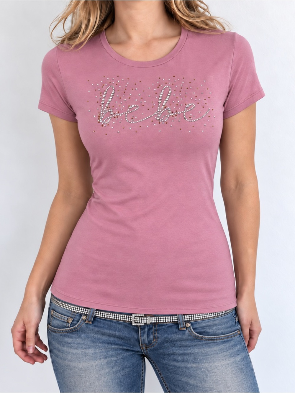 Bebe Rhinestone NWT Logo Short Sleeve T Shirt Mauve Pink Y2K Baby Tee Bling M